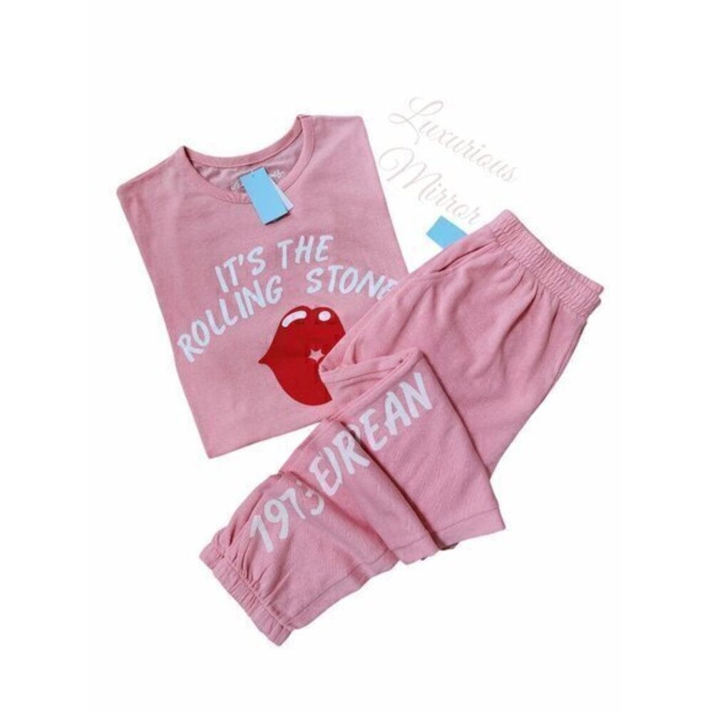 The Rolling Stones Women Kiss Top 1973 European Tour Logo Pant Pink 2PC Set XL
